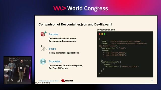Defining workspaces with devfile versus dev containers